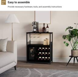 London Boutique 3-Tier Wine Bar Cabinet Liquor Bar Sideboard Wine Rack w/Glass Holder in Black - thumbnail 6
