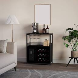London Boutique 3-Tier Wine Bar Cabinet Liquor Bar Sideboard Wine Rack w/Glass Holder in Black - thumbnail 3