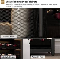 London Boutique 3-Tier Wine Bar Cabinet Liquor Bar Sideboard Wine Rack w/Glass Holder in Black - thumbnail 5