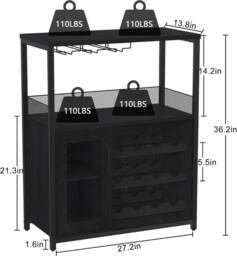 London Boutique 3-Tier Wine Bar Cabinet Liquor Bar Sideboard Wine Rack w/Glass Holder in Black - thumbnail 2