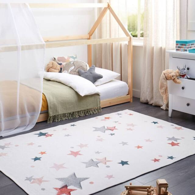 Wyld and Coco Hand Tufted Cotton Play Rug White Multicolour Stars 140 x 200cm - Size: 140 cm x 200 cm - image 1