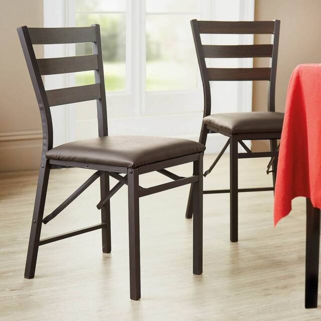 Coopers of Stortford Pair of Folding Dining Chairs, Faux Leather Padded Seat in Brown - image 1