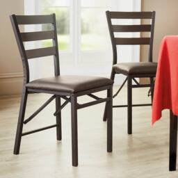 Coopers of Stortford Pair of Folding Dining Chairs, Faux Leather Padded Seat in Brown - thumbnail 1