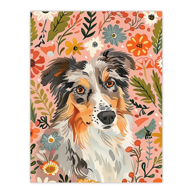 "Artery8 Australian Sheepdog Floral Portrait Watercolour Wall Art Print - Size: W12"" x H16""" - image 1