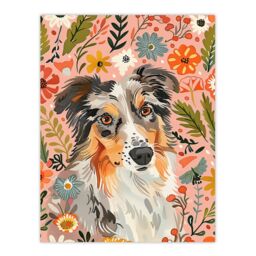 "Artery8 Australian Sheepdog Floral Portrait Watercolour Wall Art Print - Size: W12"" x H16""" - thumbnail 1