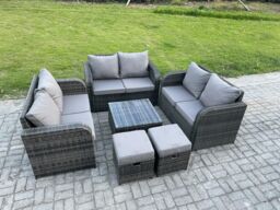 Fimous 8 Seater Outdoor Garden Furniture Sets Wicker Rattan Furniture Sofa Sets with Square Coffee Table Love seat Sofa 2 Small Footstools - thumbnail 2