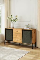 Living and Home Storage Cabinet with 2 Cupboard Doors and 3 Drawers in Brown - thumbnail 2