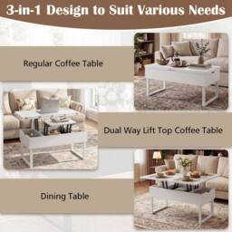 Costway Lift Top Coffee Table 3-in-1 Convertible Coffee Table Cocktail Table in White - thumbnail 8