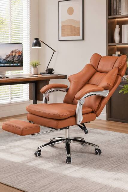 Living and Home Ergonomic Office Chair with Recline, Footrest & Adjustable Headrest in Brown - image 1