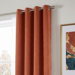 Luxury Living Velvet Chenille Eyelet Curtains Ready Made Pair in Orange - Size: 142 cm width x 137 cm drop - thumbnail 7