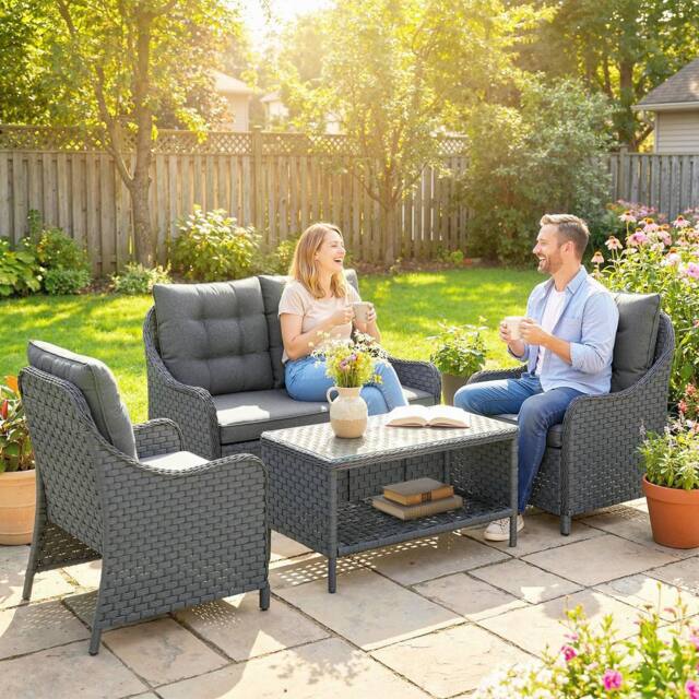 OUTSUNNY 4 Piece Rattan Patio Furniture Set with Removable Cushion Covers in Dark Grey - Size: 4 Pack - image 1