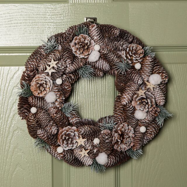 Samuel Alexander 36cm Frosted Hanging Christmas Wreath with Pine Cones & Wooden Stars - image 1