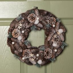 Samuel Alexander 36cm Frosted Hanging Christmas Wreath with Pine Cones & Wooden Stars - thumbnail 1