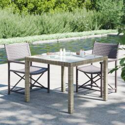Berkfield Home Garden Table 90x90x75 cm Tempered Glass & Poly Rattan Grey - Size: 90 x 90 x 75 cm - thumbnail 2