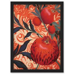 Artery8 Wall Art Print Pomegranate Tree Grove Red & Blue Artwork Floral Patterns Artwork Framed A4 in Black - thumbnail 1