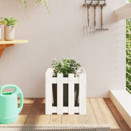 Berkfield Home Garden Planter with Fence Design White 40x40x40 cm Solid Wood Pine - Size: 40 x 40 x 40 cm