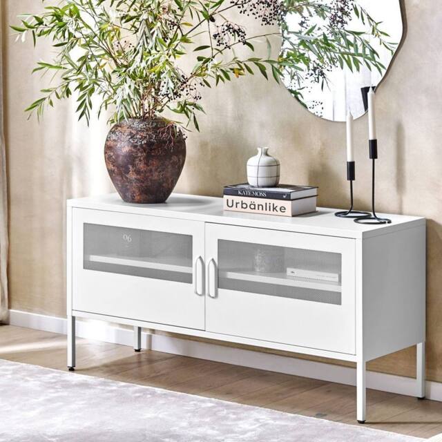 Wyld and Coco White Powder Coat Steel TV Stand 2 Mesh Doors Cable Management - image 1