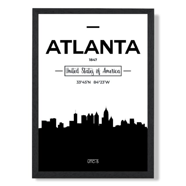 ARTZE Atlanta Black & White City Skyline Framed Print SIZE: A2 with Black Frame - Size: A4 - image 1