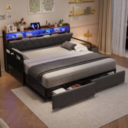 Matteo Single Daybed with Trundle, Storage, LED Lighting & Charging - Grey - thumbnail 4