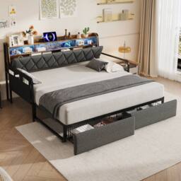 Matteo Single Daybed with Trundle, Storage, LED Lighting & Charging - Grey - thumbnail 2