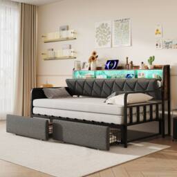 Matteo Single Daybed with Trundle, Storage, LED Lighting & Charging - Grey - thumbnail 5