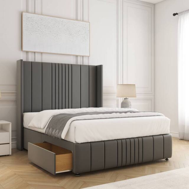 "BSSPOKE Elise Plush Velvet Divan Bed 54""Headboard 2Drawers Footend & Mattress in Grey - Size: King" - image 1
