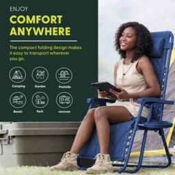 Keplin Set of 2 XXL Premium Heavy Duty Quilted Zero Gravity Chairs in Navy - thumbnail 6