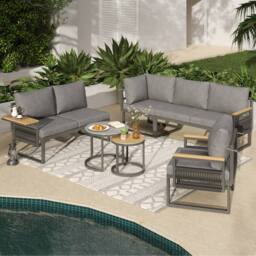 Merax Grey 6 Seater Garden Corner Furniture Sofa Set with Nesting Tables - thumbnail 6