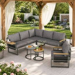 Merax Grey 6 Seater Garden Corner Furniture Sofa Set with Nesting Tables - thumbnail 1