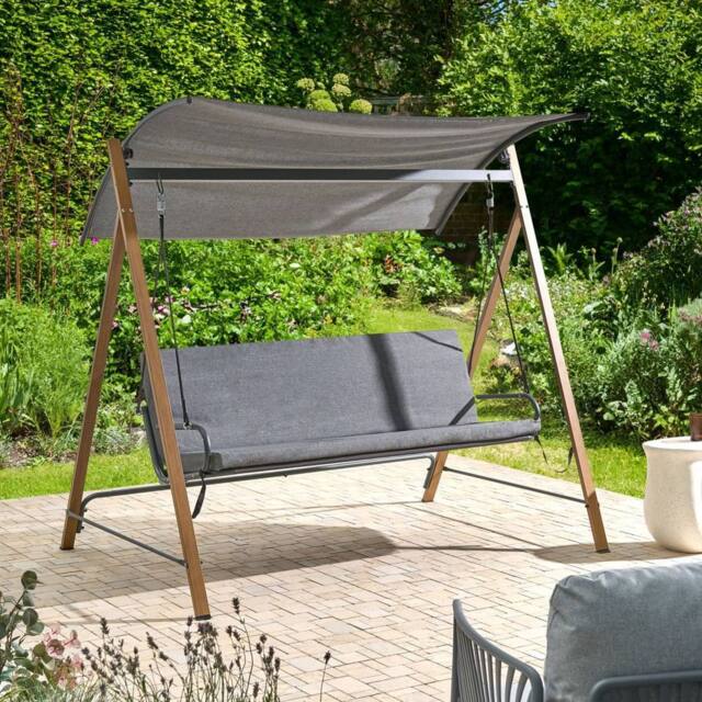 Wyld and Coco 3 Seater Patio Swing Grey Steel Wood Look Finish and Adjustable - image 1