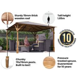 Dunster House Wooden Gazebo 3x3m Heavy Duty Pressure Treated Superfelt Utopia 300 in Brown - thumbnail 2