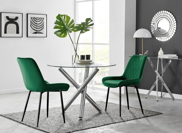 FurnitureboxUK Selina Round Glass Chrome Leg Dining Table & Pesaro Black Leg Chairs in Green - Size: 4 Person - image 1