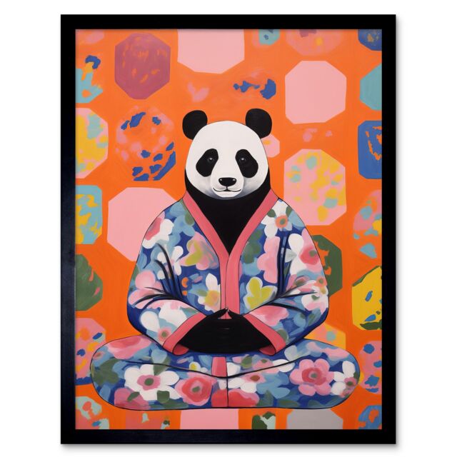 Artery8 Wall Art Print Meditating Panda Meditation Yogi in Floral Kimono Conceptual Art Vibrant Bold Colourful Acrylic Painting Art Framed - image 1