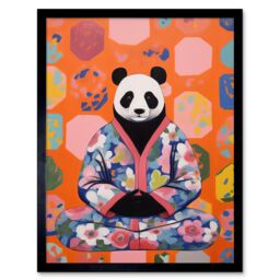Artery8 Wall Art Print Meditating Panda Meditation Yogi in Floral Kimono Conceptual Art Vibrant Bold Colourful Acrylic Painting Art Framed - thumbnail 1