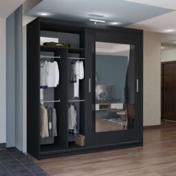 MN Furniture Basel Mirror Sliding Wardrobe - LED Light 203cm x 217cm in Black - Size: 203 cm x 217 cm - thumbnail 3