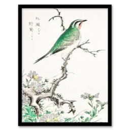 Artery8 Numata Kashu Framed Wall Art Print Ruby Throat Bird & Wild Camomile - Size: A3