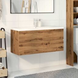 Berkfield Home Sink Cabinet with Built-in Basin Artisan Oak 101x39.5x49 cm in Brown - thumbnail 3