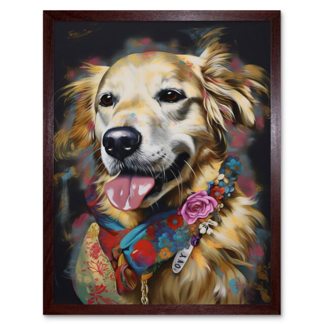 "Artery8 Wall Art Print Golden Retriever Dog with Floral Bandana Collar Art Framed in Brown - Size: W12"" x H16""" - image 1