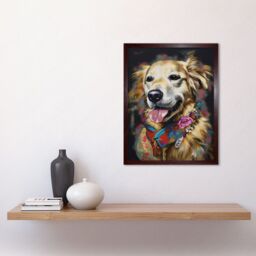 "Artery8 Wall Art Print Golden Retriever Dog with Floral Bandana Collar Art Framed in Brown - Size: W12"" x H16""" - thumbnail 2