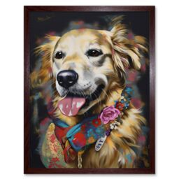 "Artery8 Wall Art Print Golden Retriever Dog with Floral Bandana Collar Art Framed in Brown - Size: W12"" x H16""" - thumbnail 1