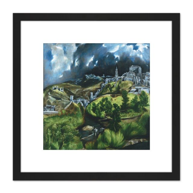 Artery8 El Greco View Of Toledo Spain Expressive Painting 8X8 Inch Square Wooden Framed Wall Art Print Picture with Mount in Black - image 1