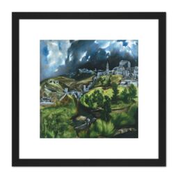 Artery8 El Greco View Of Toledo Spain Expressive Painting 8X8 Inch Square Wooden Framed Wall Art Print Picture with Mount in Black - thumbnail 1