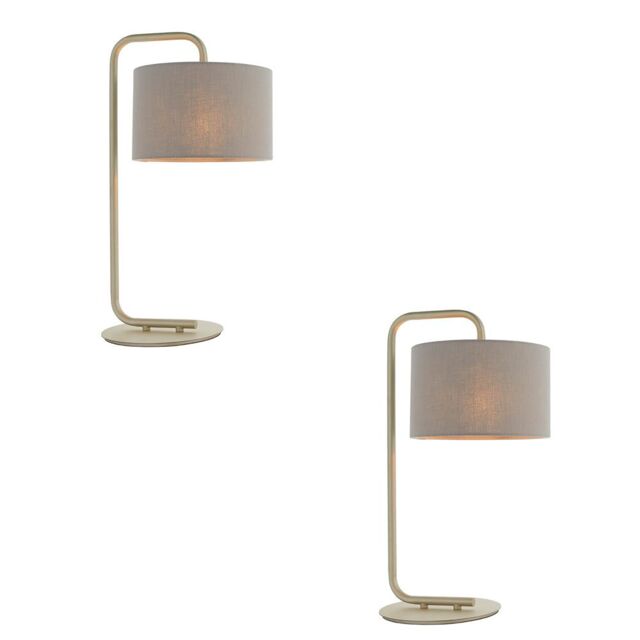 Loops 2 PACK Satin Champagne Table Lamp - 23cm Grey Fabric Cylinder Shade - Desk Light - image 1