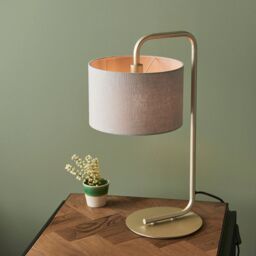Loops 2 PACK Satin Champagne Table Lamp - 23cm Grey Fabric Cylinder Shade - Desk Light - thumbnail 5