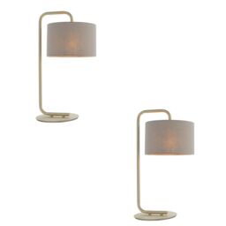 Loops 2 PACK Satin Champagne Table Lamp - 23cm Grey Fabric Cylinder Shade - Desk Light