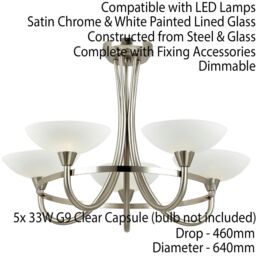 Loops Semi Flush Ceiling Light Satin Chrome & White 5 Bulb Hanging Pendant Lamp Shade - thumbnail 2