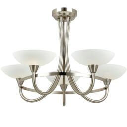 Loops Semi Flush Ceiling Light Satin Chrome & White 5 Bulb Hanging Pendant Lamp Shade - thumbnail 1
