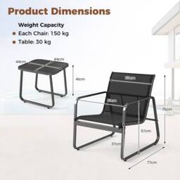 Costway 3 PCS Patio Conversation Set Outdoor Bistro Set w/Tempered Glass Table in Black - thumbnail 3