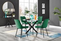 FurnitureboxUK Novara 4 Seater Black Leg Round Glass Dining Table & 4 Pesaro Soft Velvet Black Leg Chairs in Green