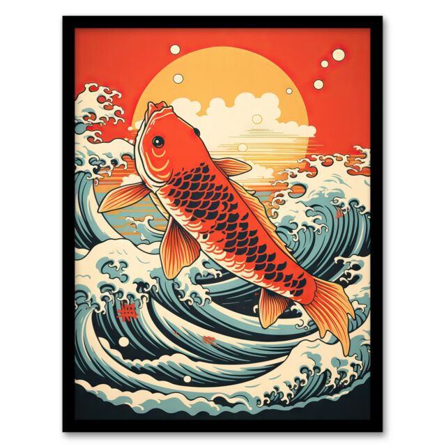 "Artery8 Japan Koi Carp Fish Leaping From The Sea At Sunset Great Wave Off-Goldfish Artwork Art Print Framed Poster Wall Decor - Size: W12"" x H16""" - image 1